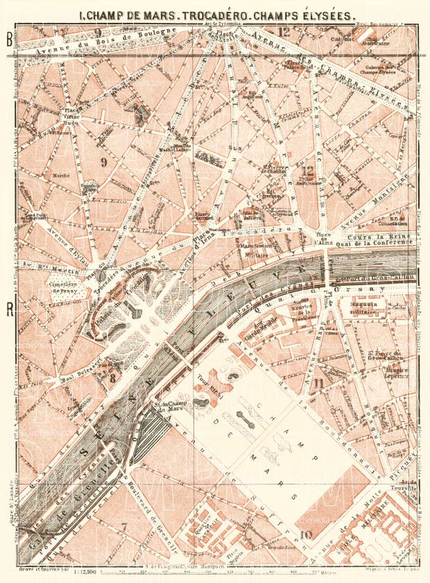 Central Paris districts map: Champ de Mars, Trocadéro and Champs-Élysées, 1903. Use the zooming tool to explore in higher level of detail. Obtain as a quality print or high resolution image