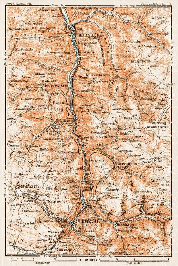 Schwarzwald (the Black Forest). The Black Forest Railway (Schwarzwaldbahn, Baden) region map, 1909. Use the zooming tool to explore in higher level of detail. Obtain as a quality print or high resolution image