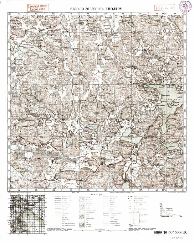 Ihojarvi Lake. Ihojärvi. Topografikartta 414101. Topographic map from 1933. Use the zooming tool to explore in higher level of detail. Obtain as a quality print or high resolution image