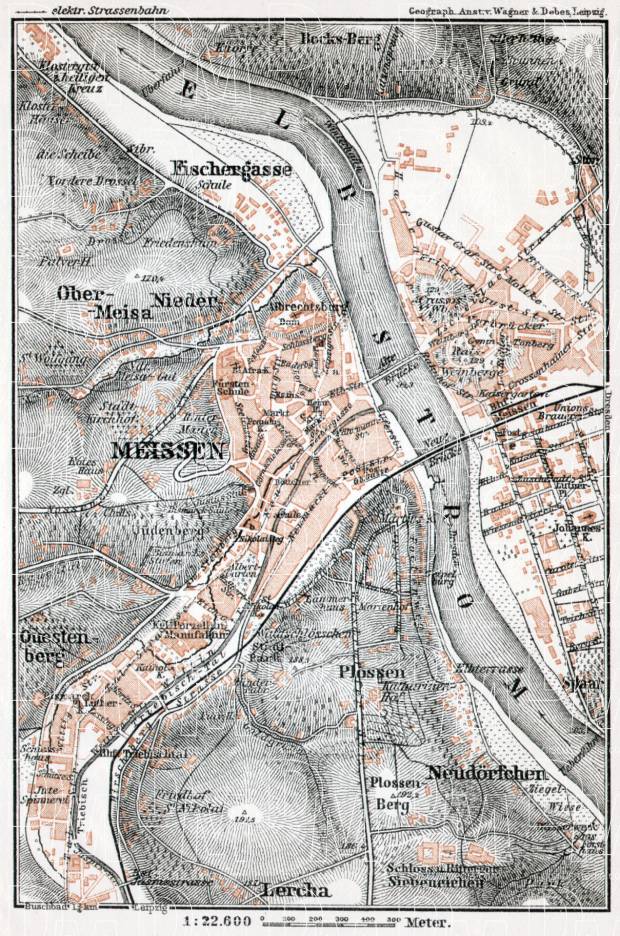 Meissen (Meißen) city map, 1911. Use the zooming tool to explore in higher level of detail. Obtain as a quality print or high resolution image