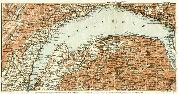 Lake of Geneva (Lac Léman) environs map, 1909. Use the zooming tool to explore in higher level of detail. Obtain as a quality print or high resolution image