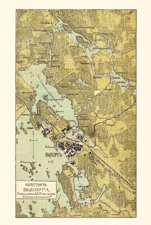 Vyborg (Выборгъ, Viipuri, Wiborg) and nearer environs map, 1913. Use the zooming tool to explore in higher level of detail. Obtain as a quality print or high resolution image