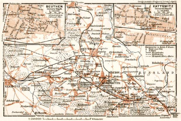 Katowice, Bytom and environs map, 1911. Use the zooming tool to explore in higher level of detail. Obtain as a quality print or high resolution image