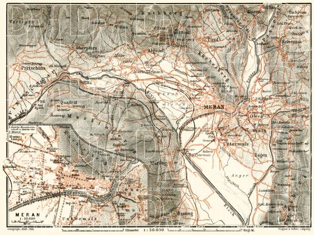 Meran (Merano) and environs map, 1913. Use the zooming tool to explore in higher level of detail. Obtain as a quality print or high resolution image