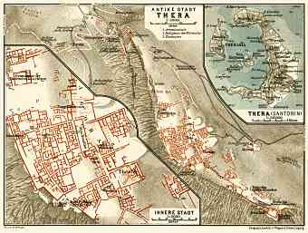 Santorini (Σαντορίνη) archipelago and ancient Thera (Θήρα) map, 1908