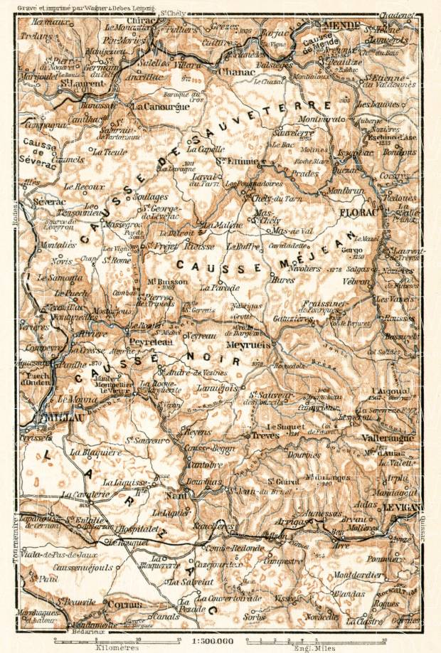 Causses Mountains map, 1902. Use the zooming tool to explore in higher level of detail. Obtain as a quality print or high resolution image