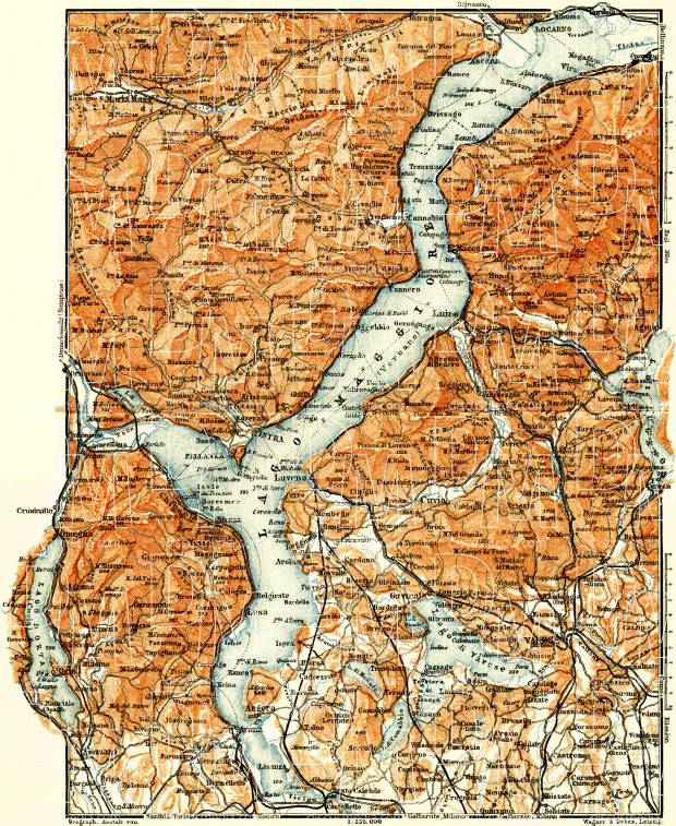 Maggiore Lake and d´Orta Lake nearer environs map, 1908. Use the zooming tool to explore in higher level of detail. Obtain as a quality print or high resolution image