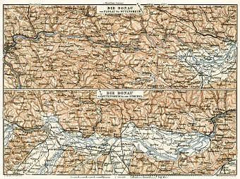 Danube River course map from Passau to Strudel, 1910