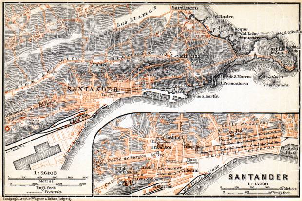 Santander town plan. Environs of Santander map, 1899. Use the zooming tool to explore in higher level of detail. Obtain as a quality print or high resolution image