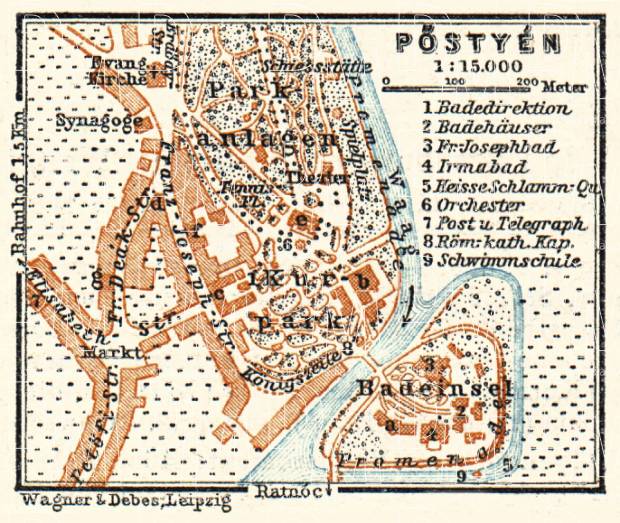Postyen (Piešt´any, Pieštany) city map, 1911. Use the zooming tool to explore in higher level of detail. Obtain as a quality print or high resolution image