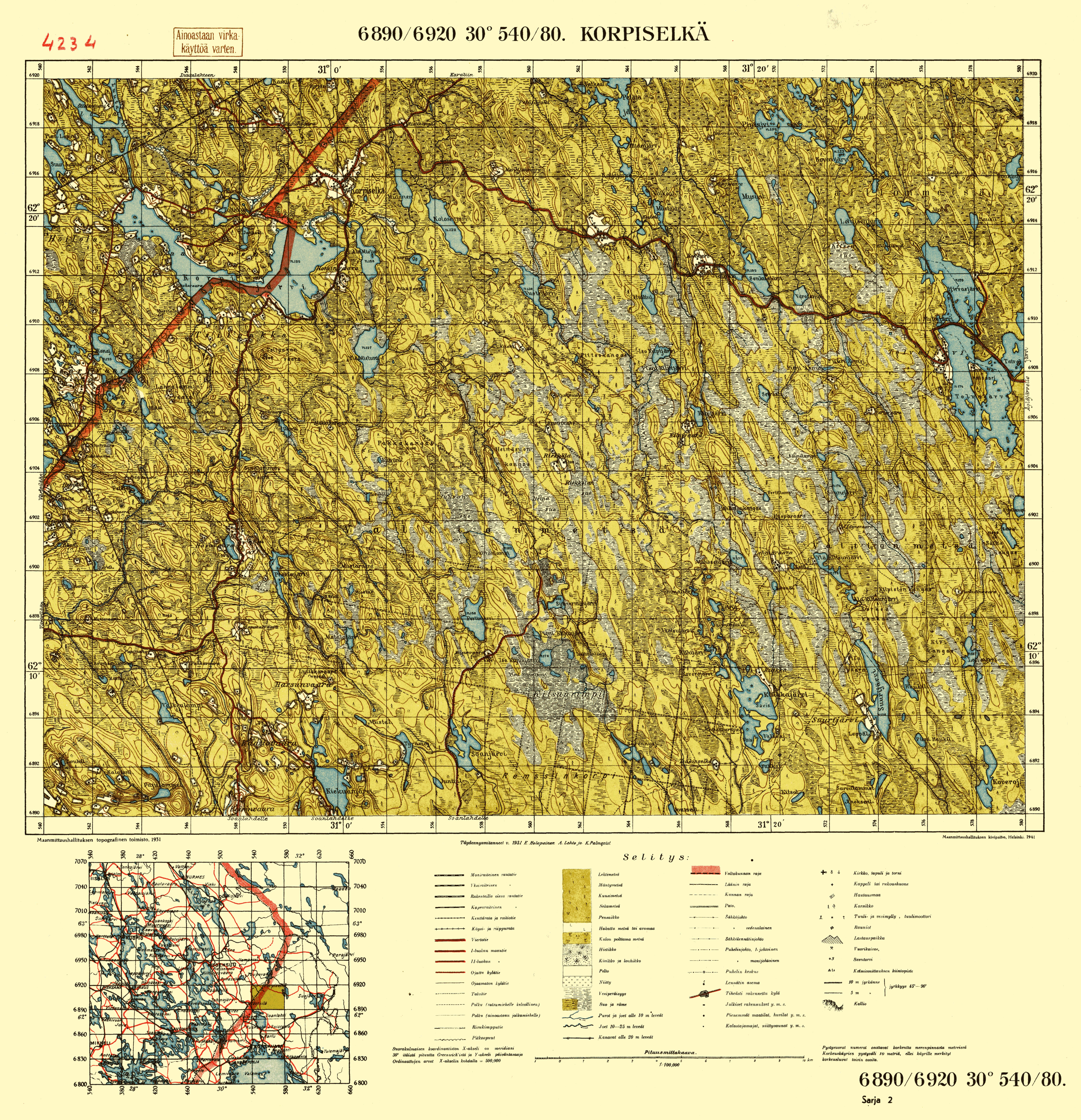 Korpiselkja. Korpiselkä. Topografikartta 4234. Topographic map from 1941. Use the zooming tool to explore in higher level of detail. Obtain as a quality print or high resolution image