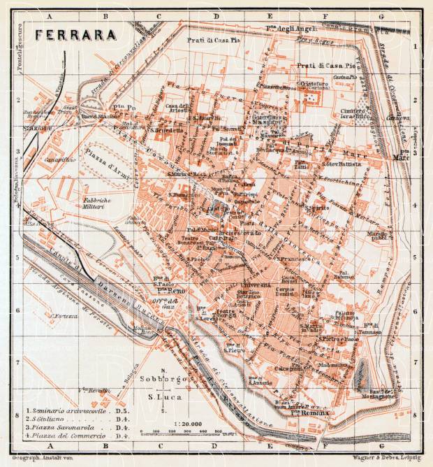 Ferrara city map, 1908. Use the zooming tool to explore in higher level of detail. Obtain as a quality print or high resolution image