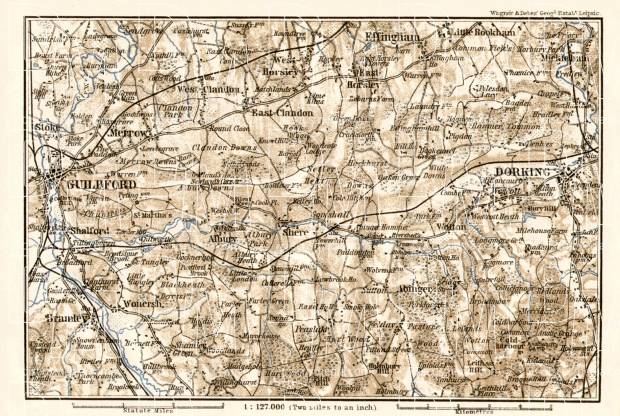 Dorking, Guildford and their environs map, 1906. Use the zooming tool to explore in higher level of detail. Obtain as a quality print or high resolution image
