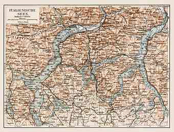 Italian Lakes. Como Lake (Lago di Como), Lugano Lake (Lago di Lugano) and Lake Maggiore with their environs, region map, 1903