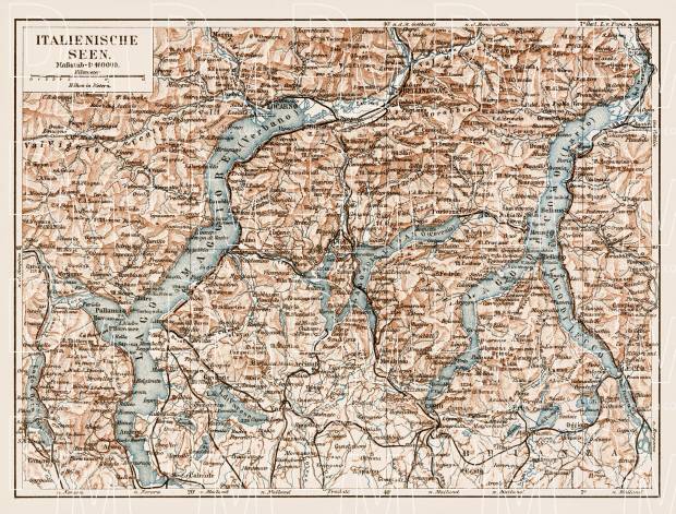 Italian Lakes. Como Lake (Lago di Como), Lugano Lake (Lago di Lugano) and Lake Maggiore with their environs, region map, 1903. Use the zooming tool to explore in higher level of detail. Obtain as a quality print or high resolution image