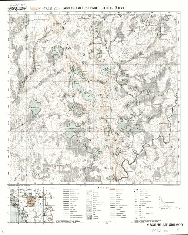 Louhijarvi Lake. Louhijärvi. Topografikartta 512204. Topographic map from 1938. Use the zooming tool to explore in higher level of detail. Obtain as a quality print or high resolution image