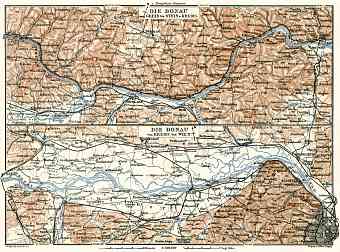 Danube River course map from Grein to Vienna, 1910