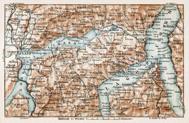 Map of the Como Lake (Lago di Como), 1913. Use the zooming tool to explore in higher level of detail. Obtain as a quality print or high resolution image