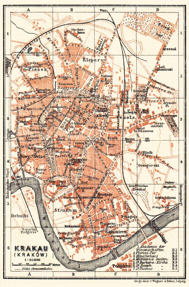 Krakau (Kraków) city map, 1911. Use the zooming tool to explore in higher level of detail. Obtain as a quality print or high resolution image