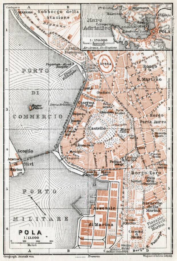 Pola (Pula) city map, 1910. Use the zooming tool to explore in higher level of detail. Obtain as a quality print or high resolution image