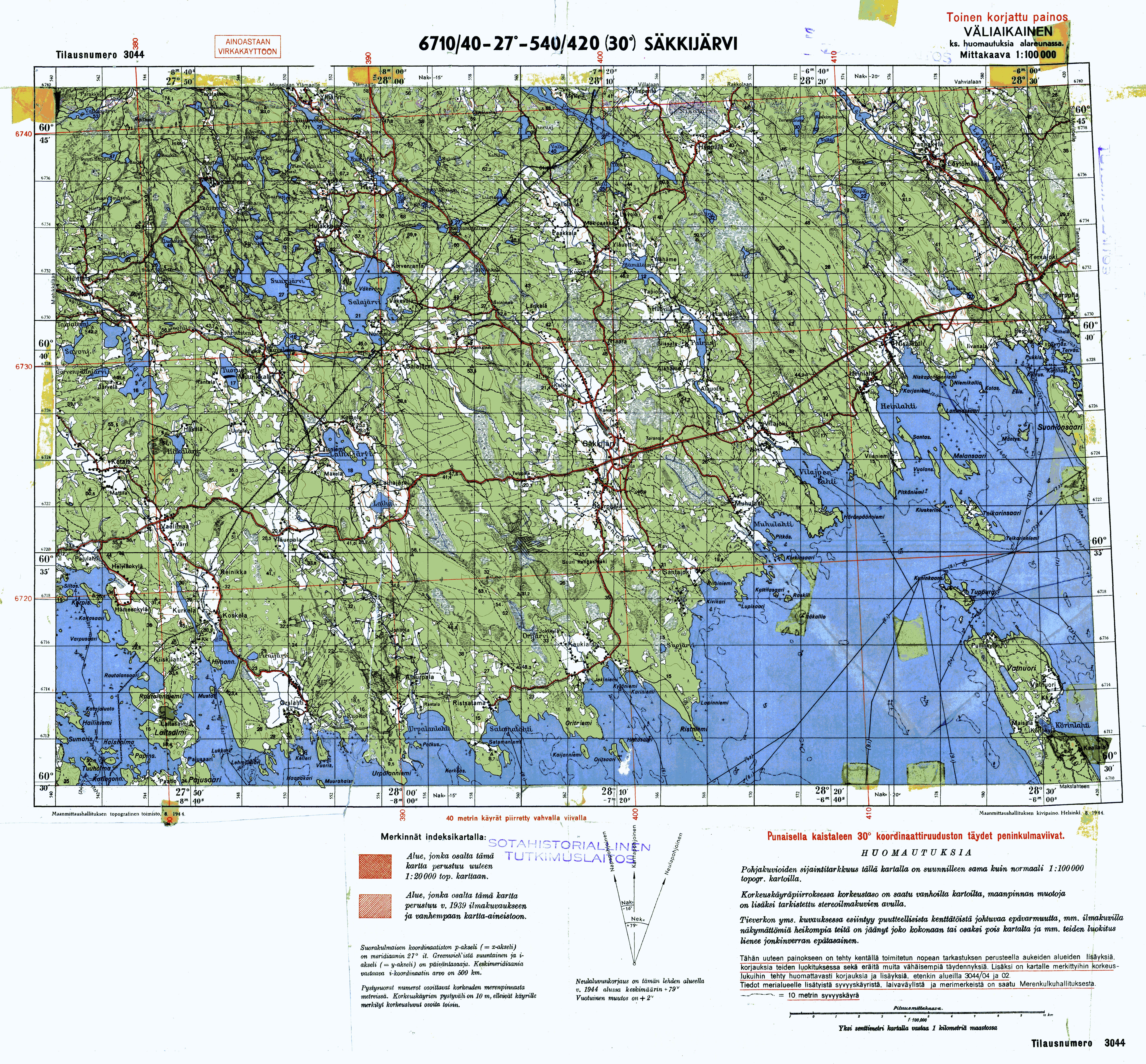 Kondratyevo. Säkkijärvi. Topografikartta 3044. Topographic map from 1944. Use the zooming tool to explore in higher level of detail. Obtain as a quality print or high resolution image
