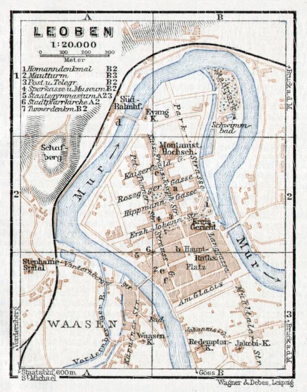 Leoben city map, 1910. Use the zooming tool to explore in higher level of detail. Obtain as a quality print or high resolution image