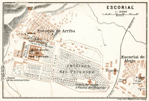El Escorial de Arriba (San Lorenzo de El Escorial) town plan, 1913. Use the zooming tool to explore in higher level of detail. Obtain as a quality print or high resolution image