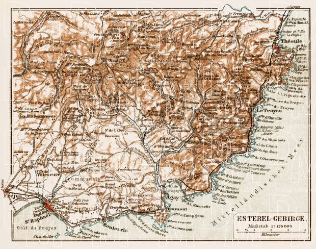 Map of the Esterel Massif (Massif de l´Esterel), 1913. Use the zooming tool to explore in higher level of detail. Obtain as a quality print or high resolution image