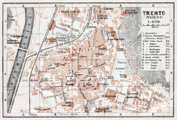 Trento (Trient) city map, 1910. Use the zooming tool to explore in higher level of detail. Obtain as a quality print or high resolution image