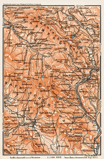 Map of the Bavarian Forest (Bayerischer Wald), western region, 1909