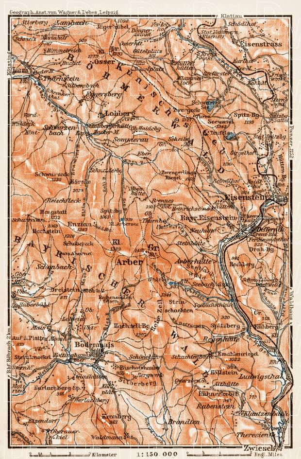 Map of the Bavarian Forest (Bayerischer Wald), western region, 1909. Use the zooming tool to explore in higher level of detail. Obtain as a quality print or high resolution image