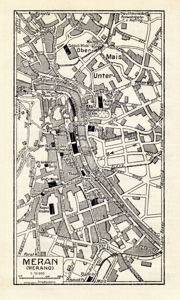 Meran (Merano) city map, 1929. Use the zooming tool to explore in higher level of detail. Obtain as a quality print or high resolution image