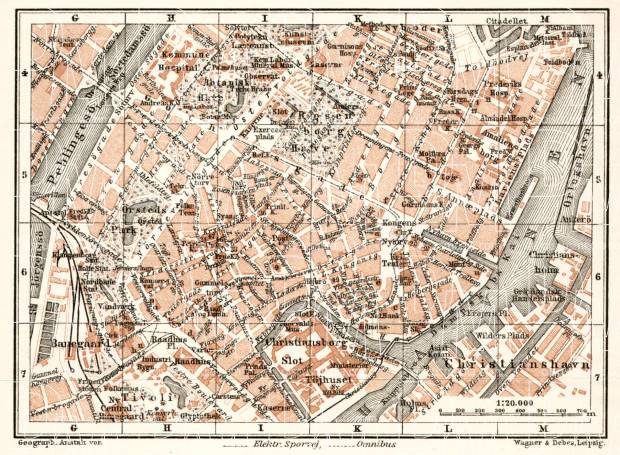 Copenhagen (Kjöbenhavn, København) central part map, 1911. Use the zooming tool to explore in higher level of detail. Obtain as a quality print or high resolution image