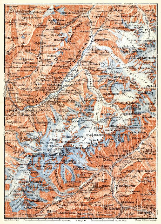 Mont Blanc and Chamonix Valley map, 1898. Use the zooming tool to explore in higher level of detail. Obtain as a quality print or high resolution image