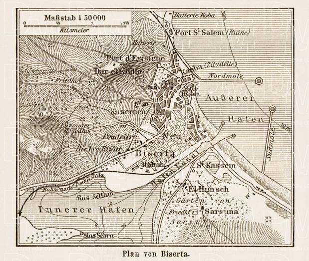 Bizerte (بَنزَرِتْ, Biserta) and environs, overview map, 1913. Use the zooming tool to explore in higher level of detail. Obtain as a quality print or high resolution image