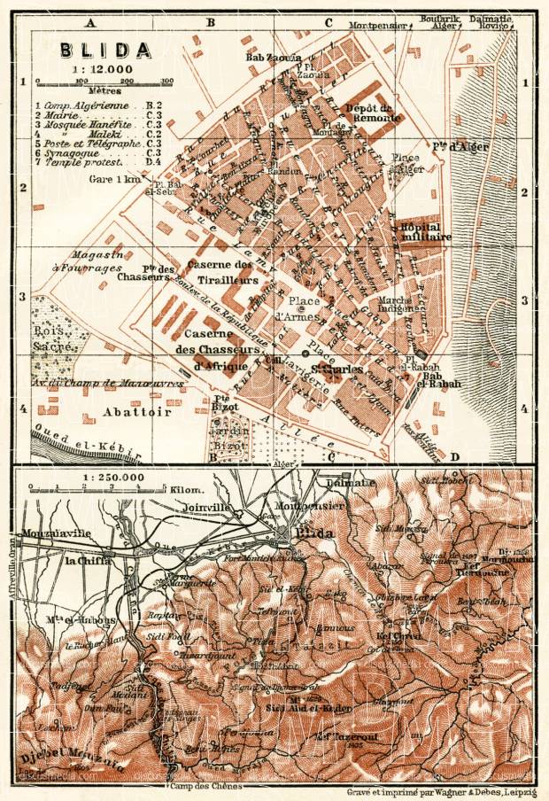Blida (البليدة), city map. Environs of Blida map, 1909. Use the zooming tool to explore in higher level of detail. Obtain as a quality print or high resolution image