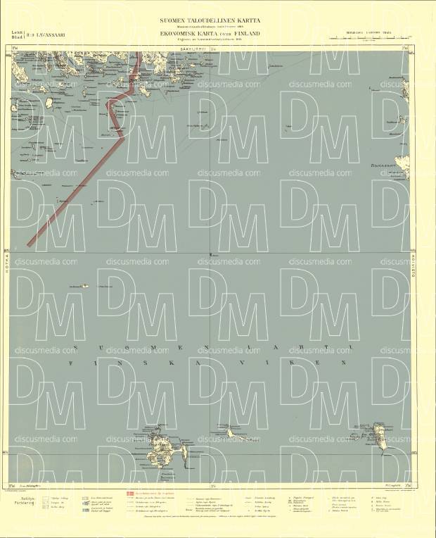 Moštšnyj Isle. Lavansaari. Taloudellinen kartta. Economic map from 1940. Use the zooming tool to explore in higher level of detail. Obtain as a quality print or high resolution image