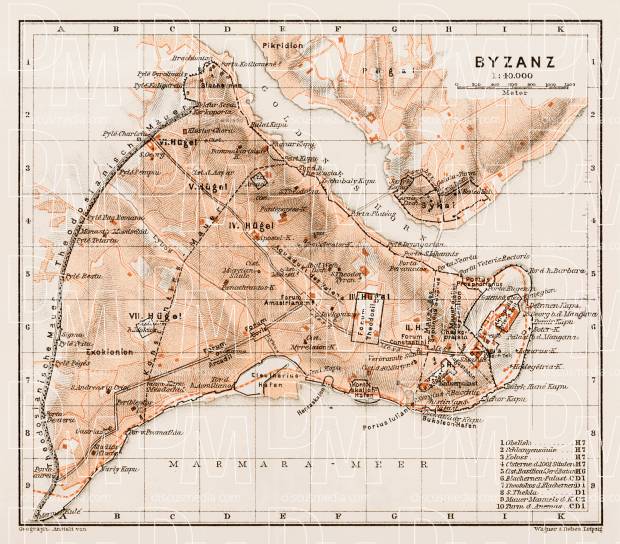 Byzantium (Byzanz, Constantinople) ancient site map, 1914. Use the zooming tool to explore in higher level of detail. Obtain as a quality print or high resolution image