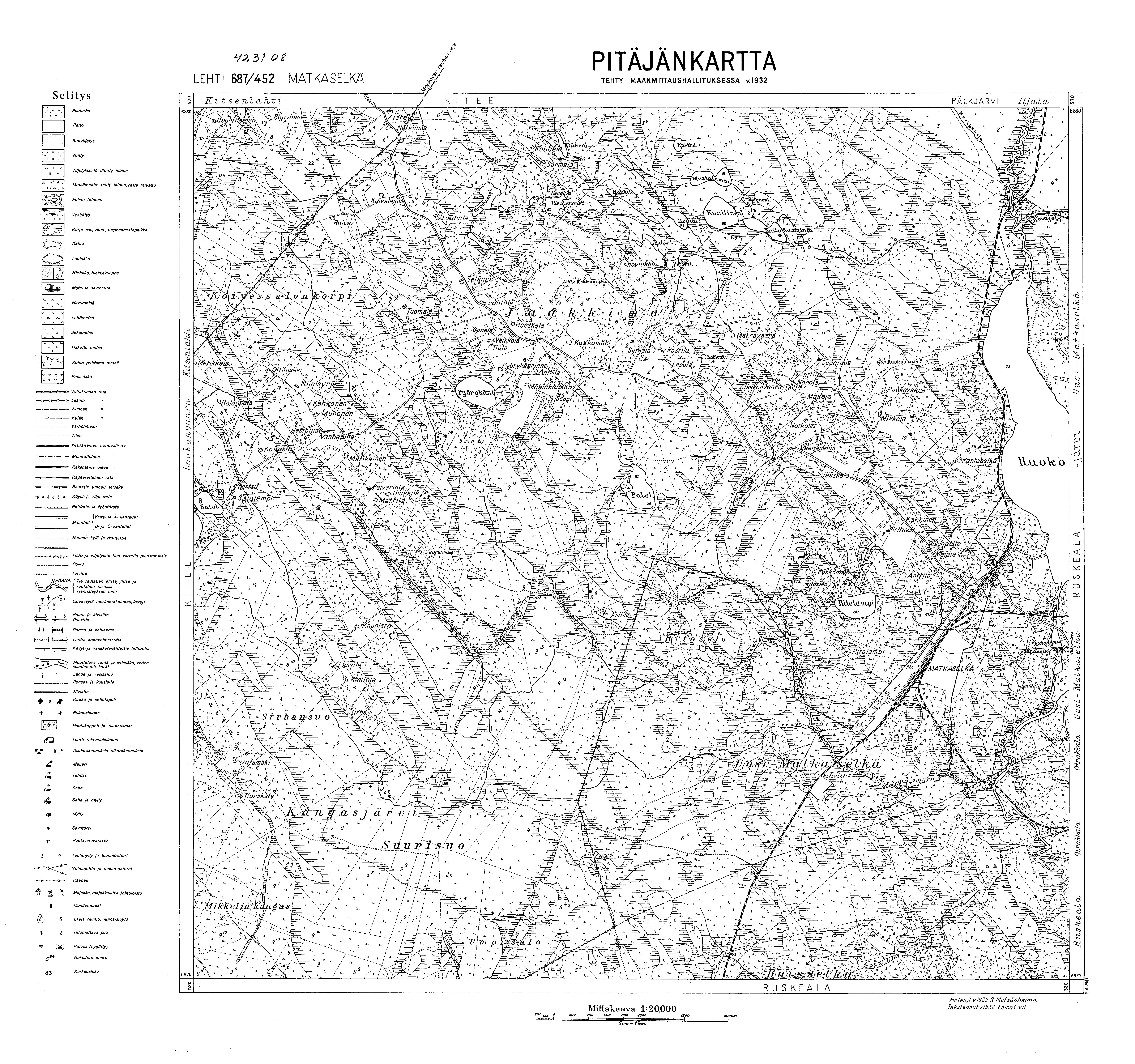 Matkaselkja. Matkaselkä. Pitäjänkartta 423108. Parish map from 1932