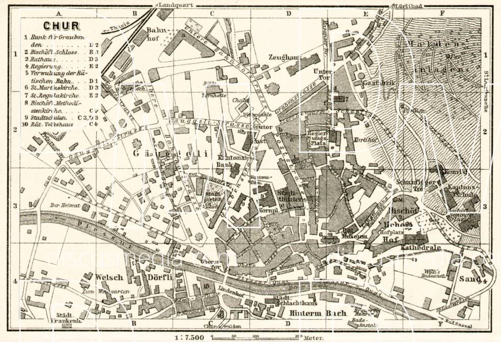 Old map of Chur in 1909. Buy vintage map replica poster print or