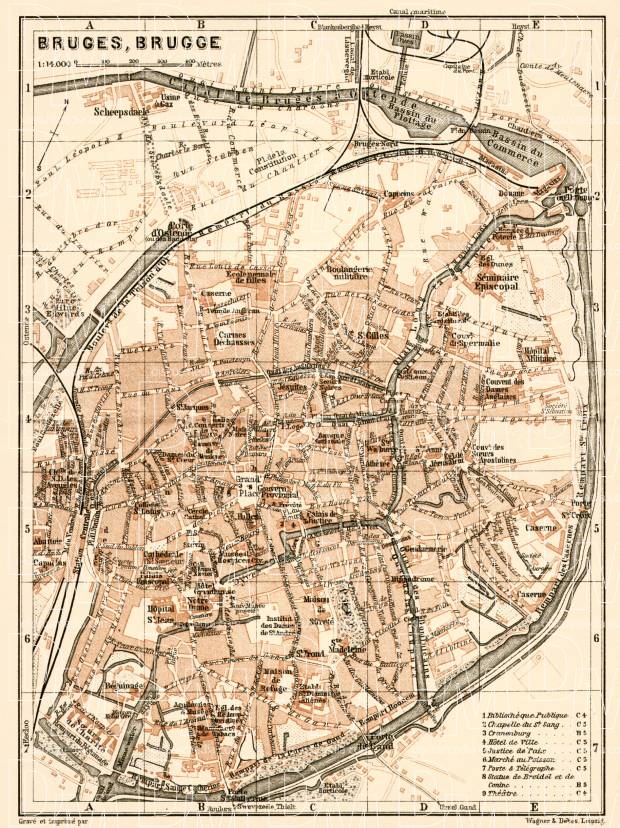 Brügge (Bruges) city map, 1909. Use the zooming tool to explore in higher level of detail. Obtain as a quality print or high resolution image
