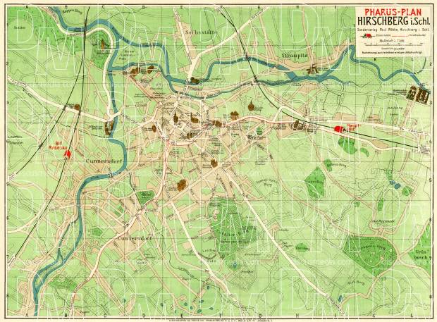Hirschberg im Schlesien (Jelenia Góra) city map, 1912. Use the zooming tool to explore in higher level of detail. Obtain as a quality print or high resolution image