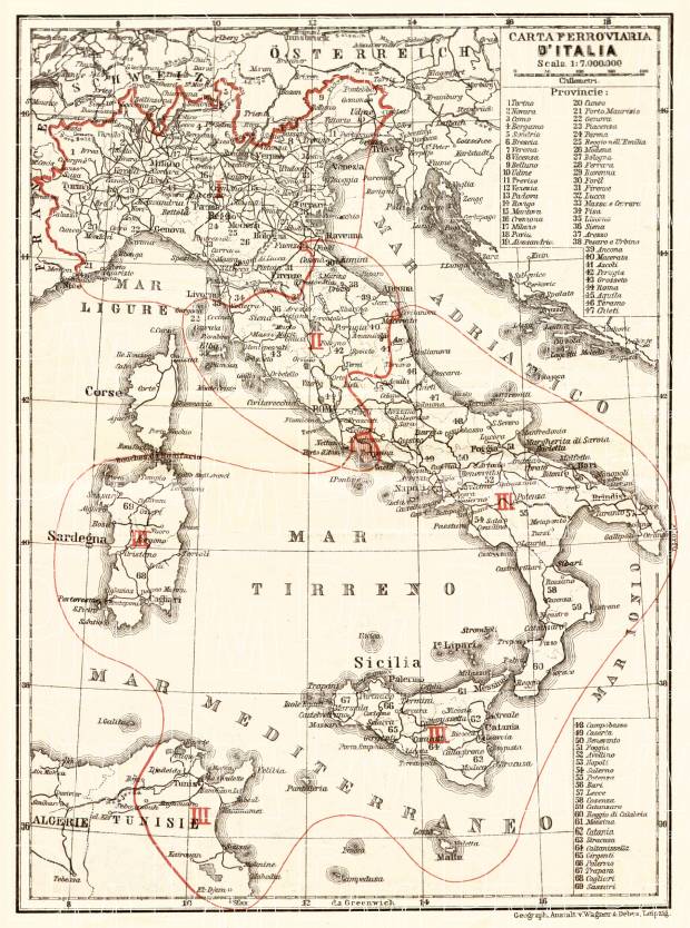 Italy railway map, 1908. Use the zooming tool to explore in higher level of detail. Obtain as a quality print or high resolution image