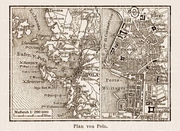 Pola (Pula) city map, 1903. Use the zooming tool to explore in higher level of detail. Obtain as a quality print or high resolution image