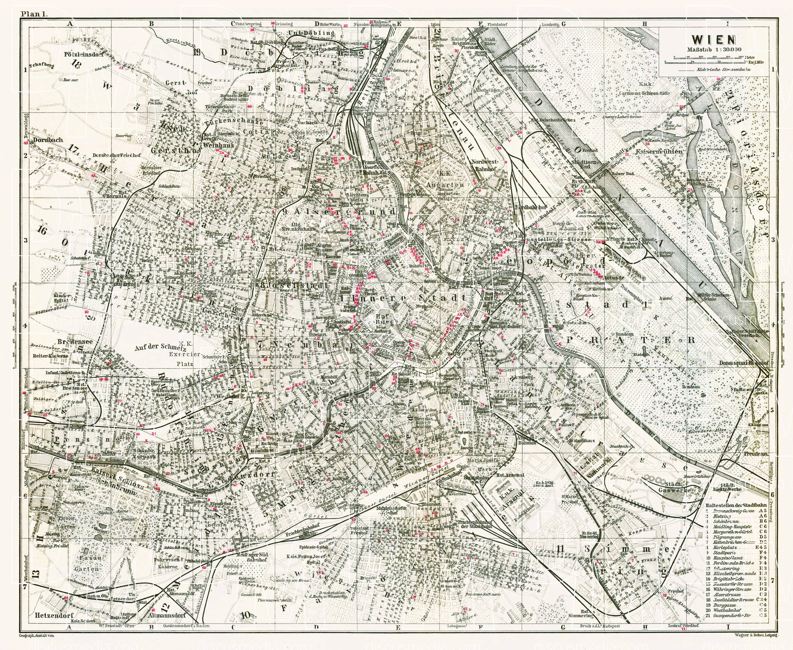 Old map of Vienna (Wien) with tram routes in 1910. Buy vintage map ...