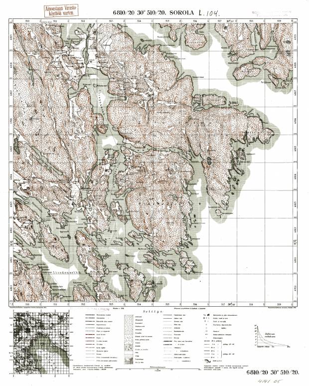 Sorola. Sorola. Topografikartta 414105. Topographic map from 1940. Use the zooming tool to explore in higher level of detail. Obtain as a quality print or high resolution image