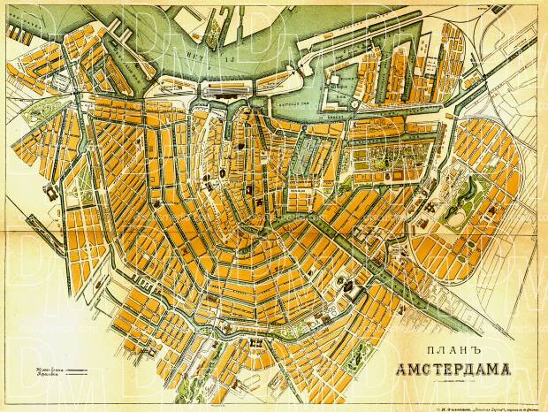 Amsterdam, city map (legend in Russian), 1903. Use the zooming tool to explore in higher level of detail. Obtain as a quality print or high resolution image