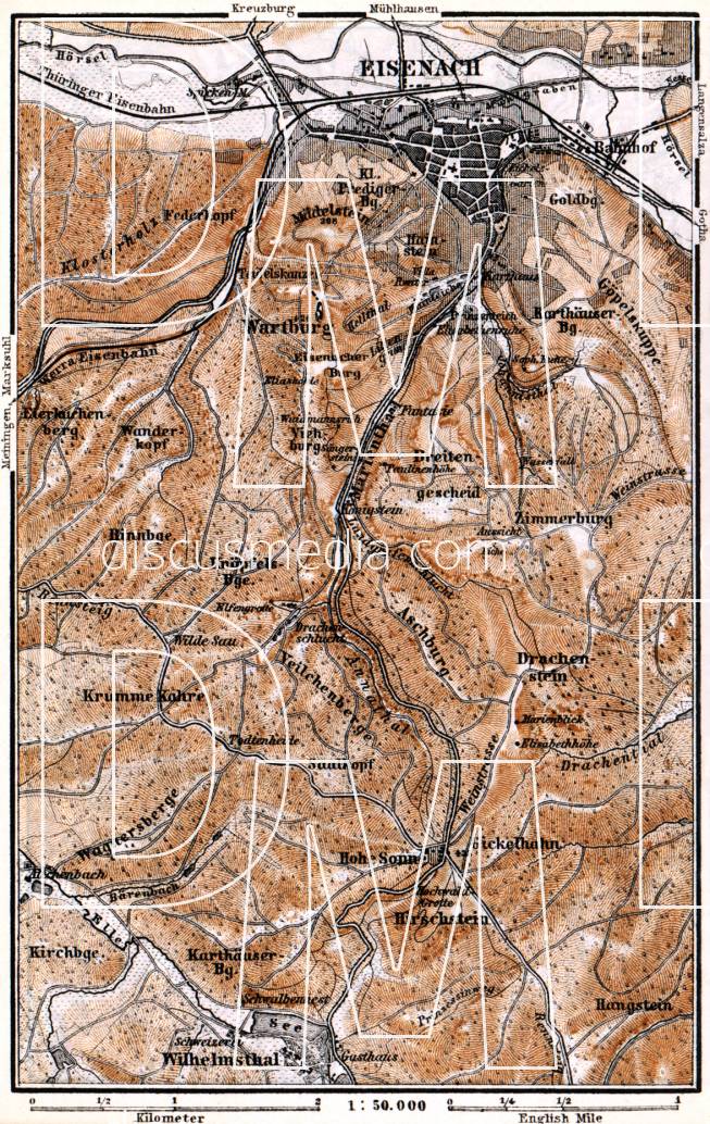 Old map of the vicinity of Eisenach in 1887. Buy vintage map replica