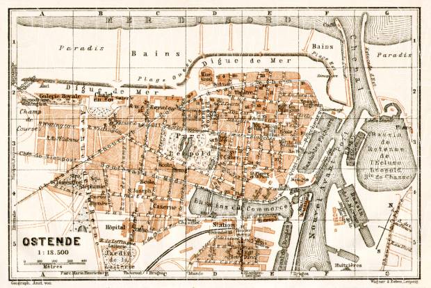 Ostend (Ostende) city map, 1909. Use the zooming tool to explore in higher level of detail. Obtain as a quality print or high resolution image