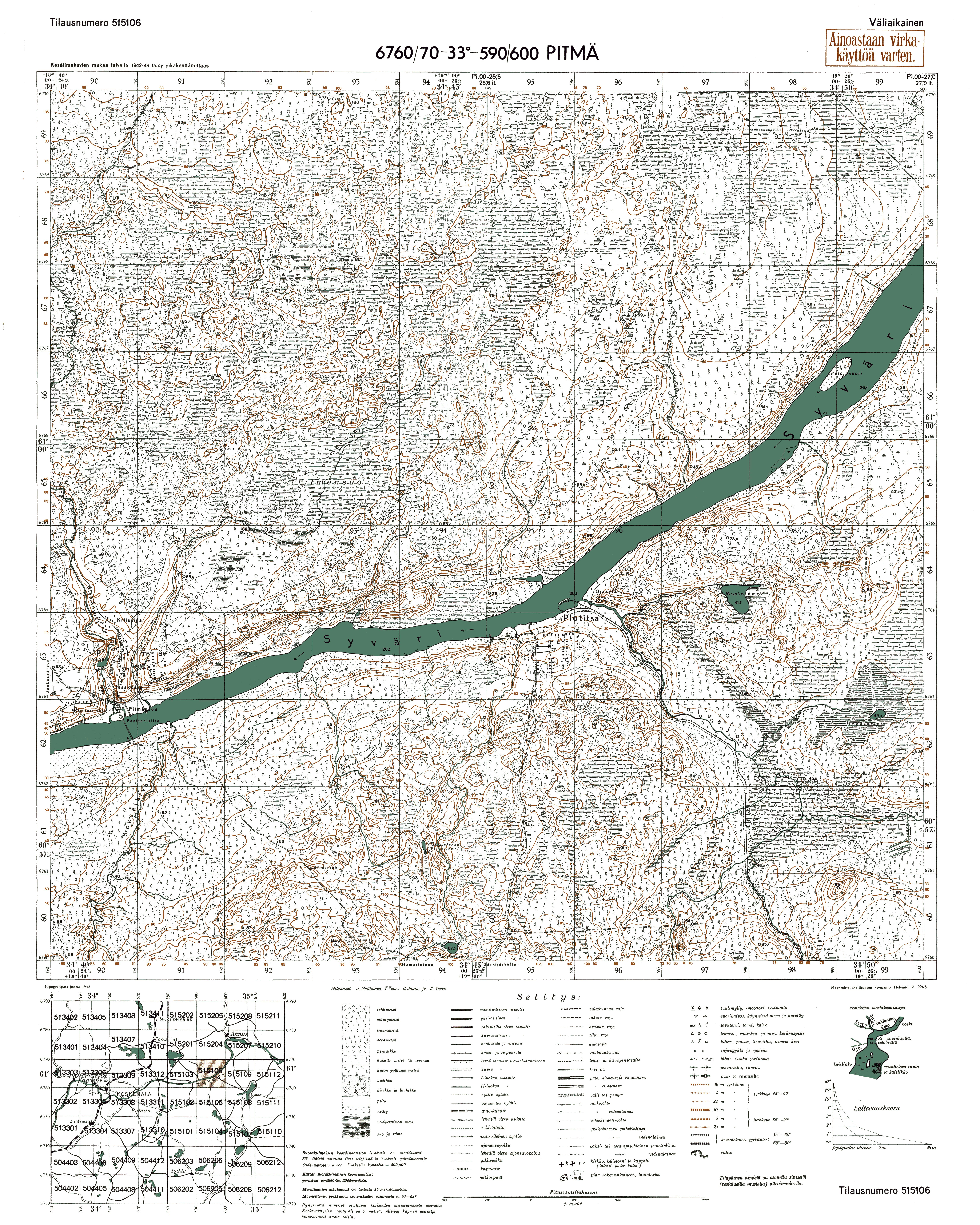 Pidma. Pitmä. Topografikartta 515106. Topographic map from 1943. Use the zooming tool to explore in higher level of detail. Obtain as a quality print or high resolution image